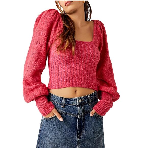 Free People Pink Cropped Ribbed Knit Katie XS Sweater Soft Cozy - Picture 1 of 11